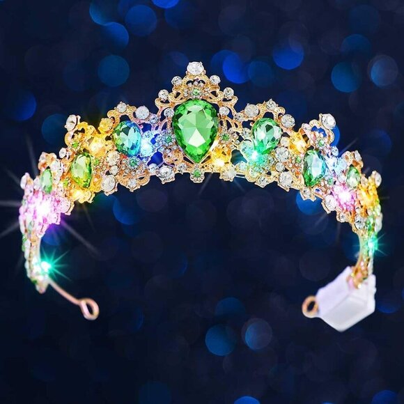 Light Green Baroque Rhinestone Crown Tiara LED Bridal Hair Accessory for Women main image 4